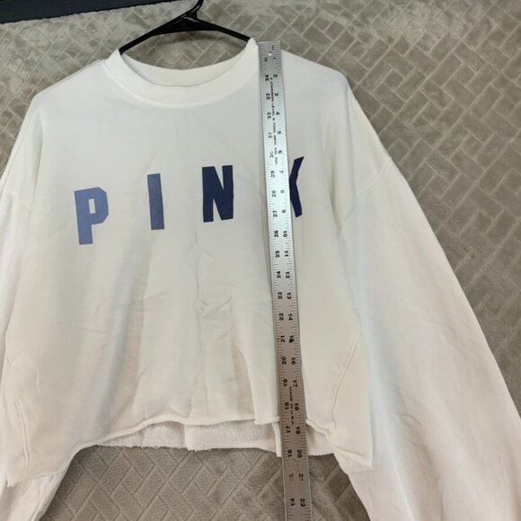 Pink Womans L Sweatshirt White Cropped Baggy Long Sleeve Logo Lounge Athletic - Picture 8 of 14